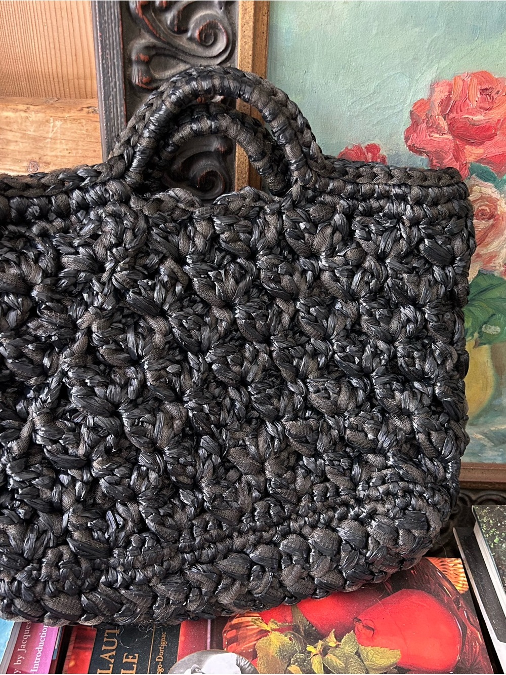 Italian Handwoven Black Crochet Tote Bag - Elegant Everyday Carry On Sale